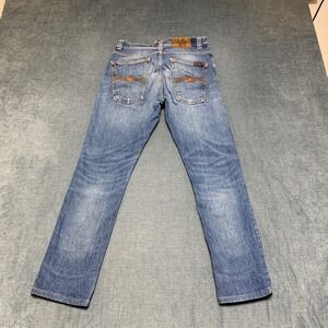 Nudie Jeans Mens 28x30 Blue Denim Straight Leg Medium Wash Whiskers Casual Wear